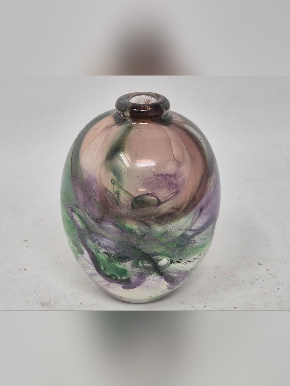 Small Art Glass Bud  Green And Purple Vase Signed